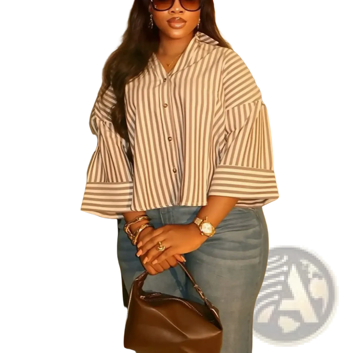 Brown leather handbag with structured slouched silhouette and top handle paired with oversized linen blend bell sleeve blouse