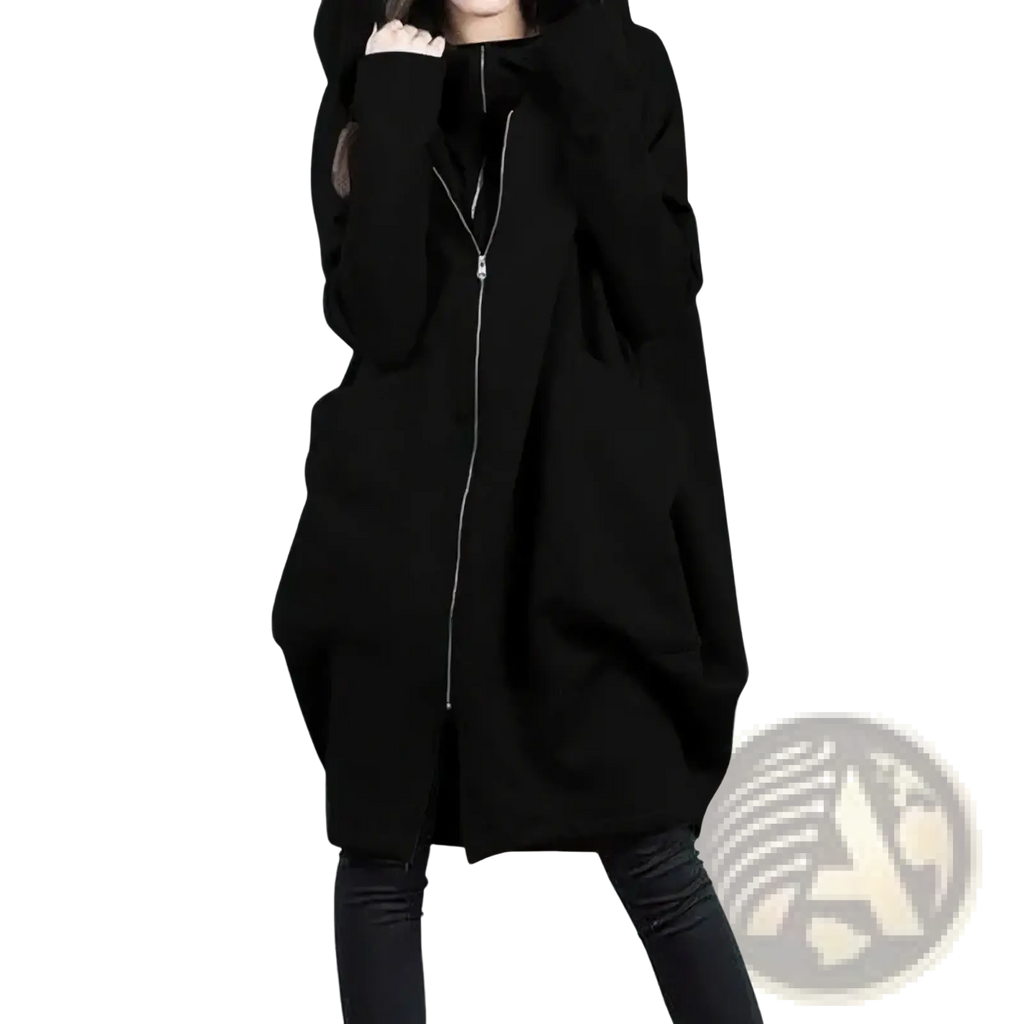 Black hooded coat with silver zipper down front oversized long hooded sweatshirt winter cloak for cold weather