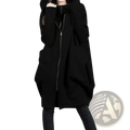 Black hooded coat with silver zipper down front oversized long hooded sweatshirt winter cloak for cold weather