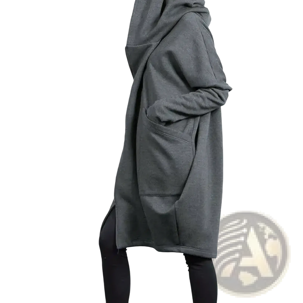 A cozy dark gray oversized long hooded sweatshirt winter cloak with relaxed fit and large front pockets