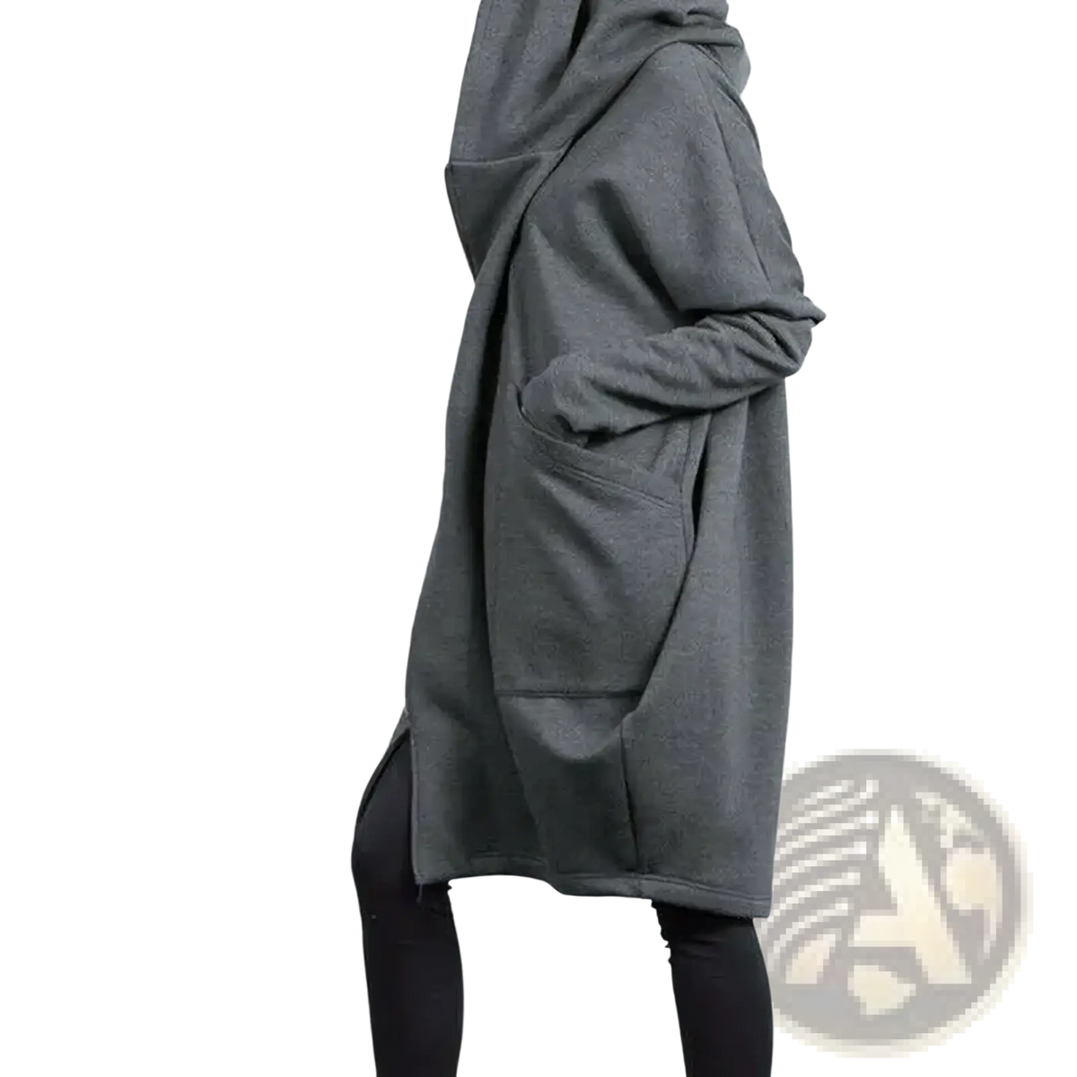 A cozy dark gray oversized long hooded sweatshirt winter cloak with relaxed fit and large front pockets