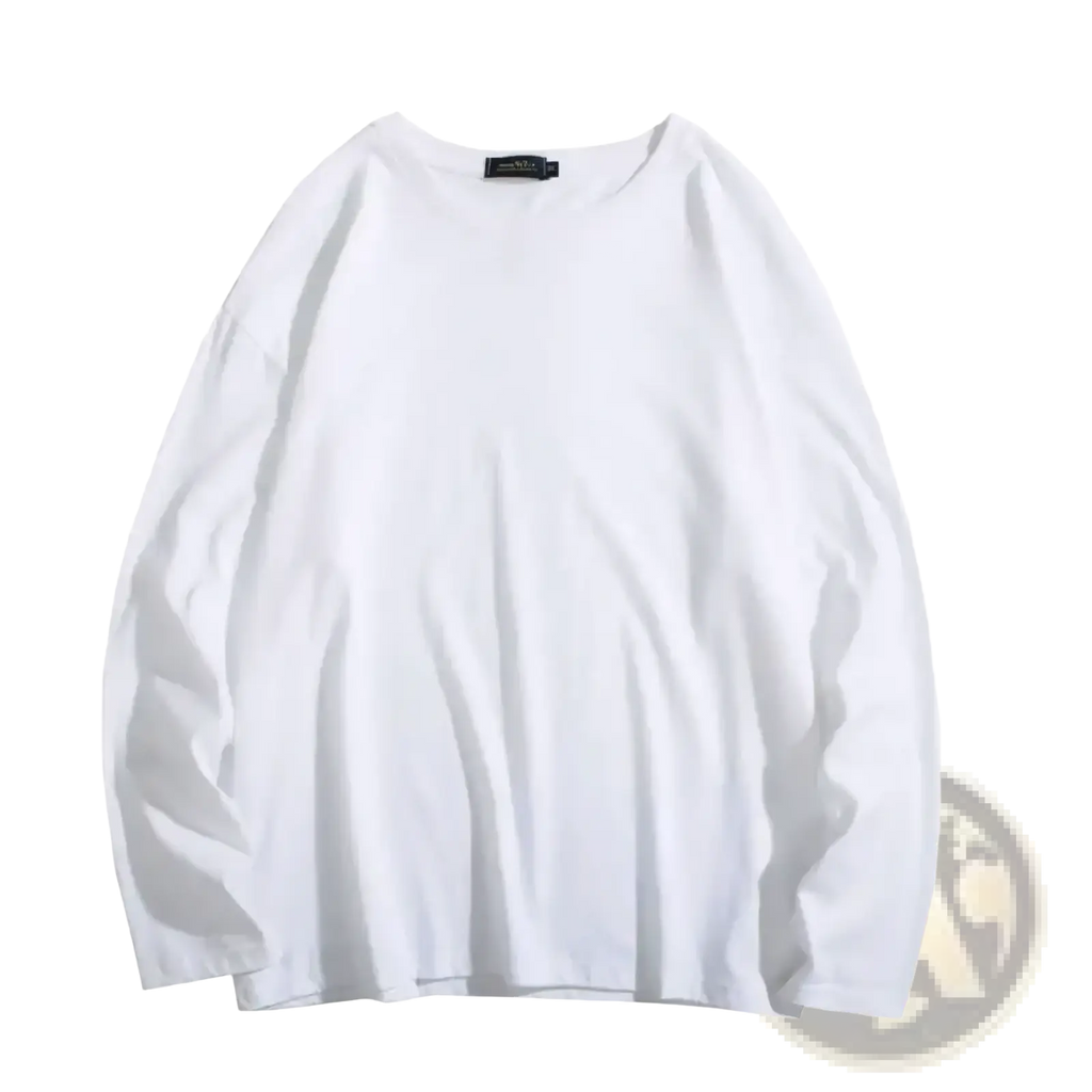White oversized long sleeve blank t-shirt with a soft slightly wrinkled cotton texture and crew neck design