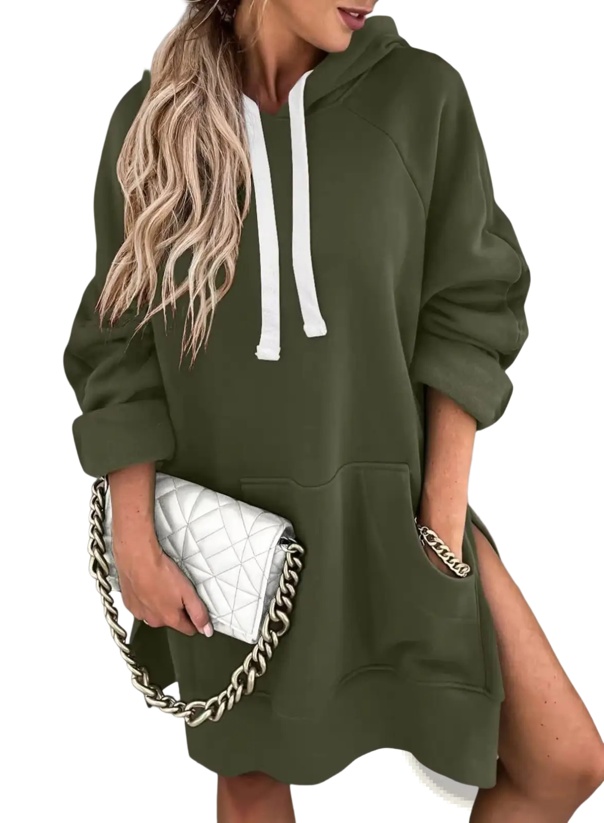 Olive green oversized mid length hooded sweatshirt dress with white drawstrings side slits and pockets shown from the back