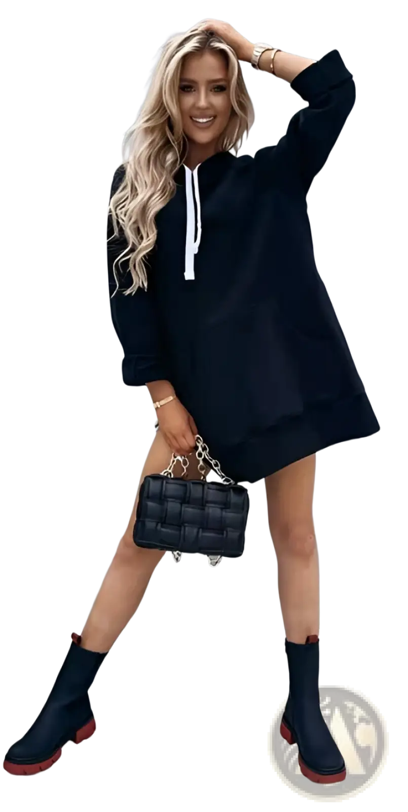 Black quilted handbag with silver chain strap paired with oversized mid length hooded sweatshirt dress with pockets