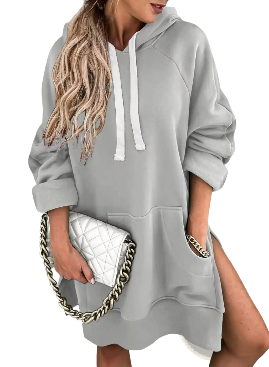 Light gray oversized mid length hooded sweatshirt dress with white drawstrings and side pockets in cotton blend material