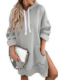 Light gray oversized mid length hooded sweatshirt dress with white drawstrings and side pockets in cotton blend material