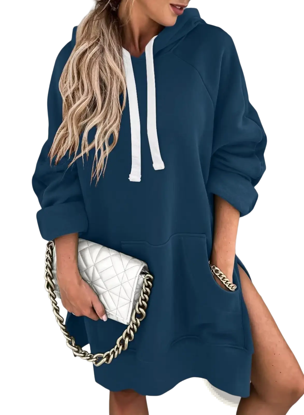 Navy blue oversized mid length hooded sweatshirt dress with white drawstrings side slits and pockets
