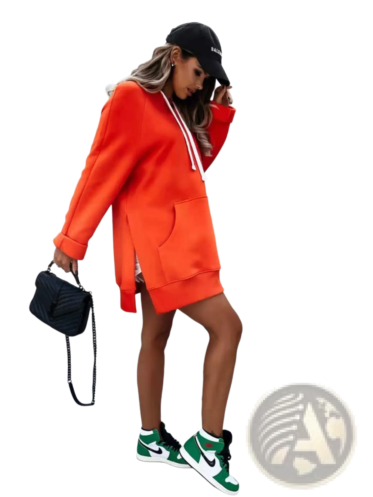 Black quilted leather handbag with chain strap paired with oversized mid length hooded sweatshirt dress with pockets