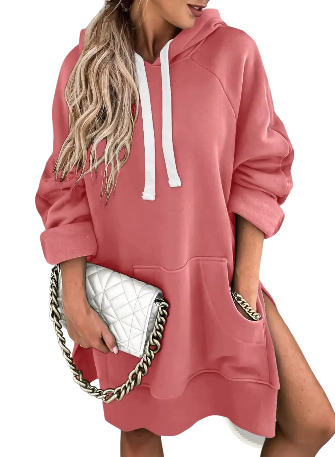 Pink oversized mid length hooded sweatshirt dress with white drawstrings and side pockets made of soft fabric