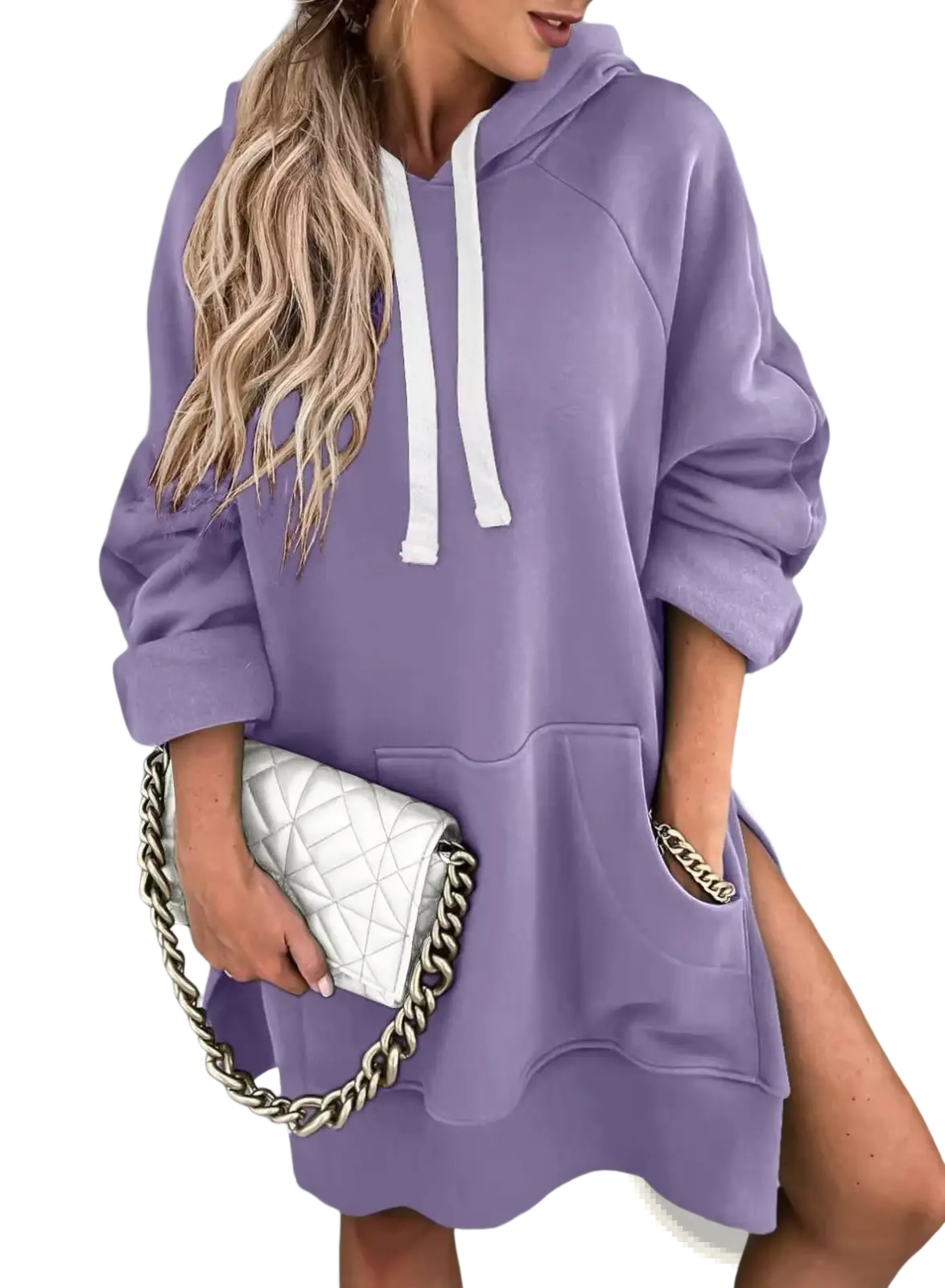 Lavender oversized mid length hooded sweatshirt dress with white drawstrings and side pockets in soft fabric