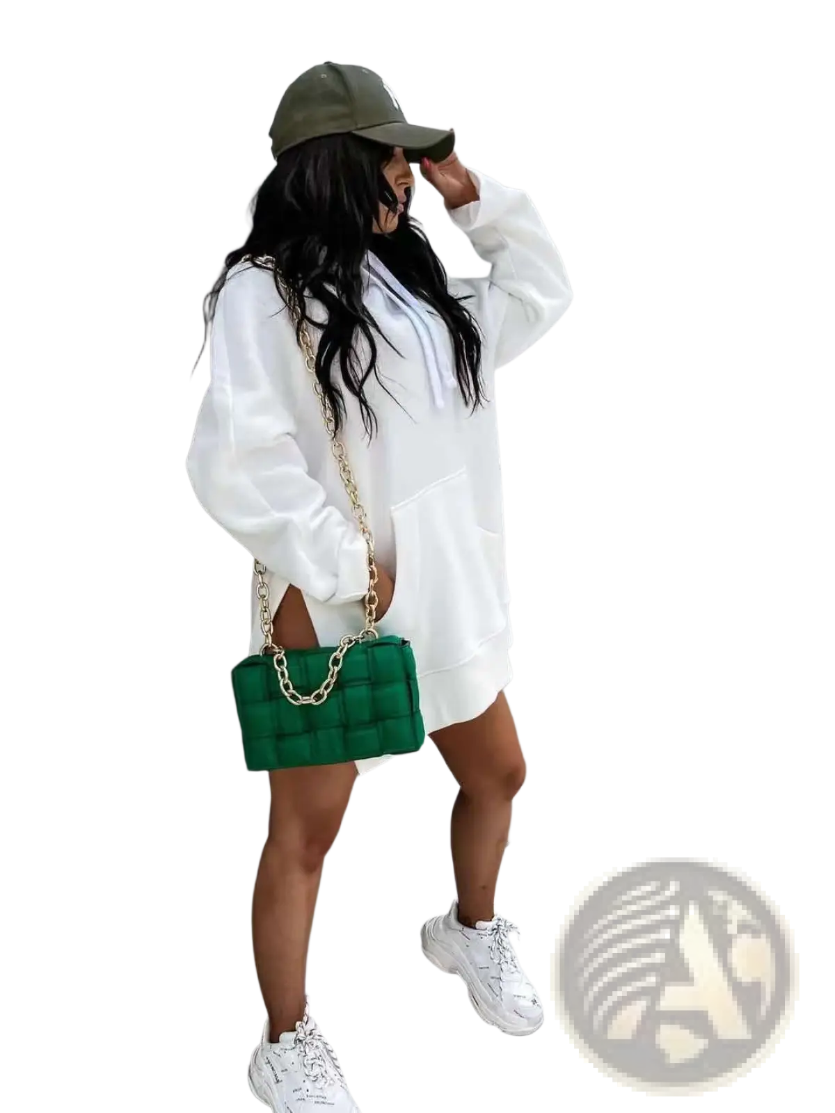 Green quilted chain strap handbag shown with oversized mid length hooded sweatshirt dress with pockets