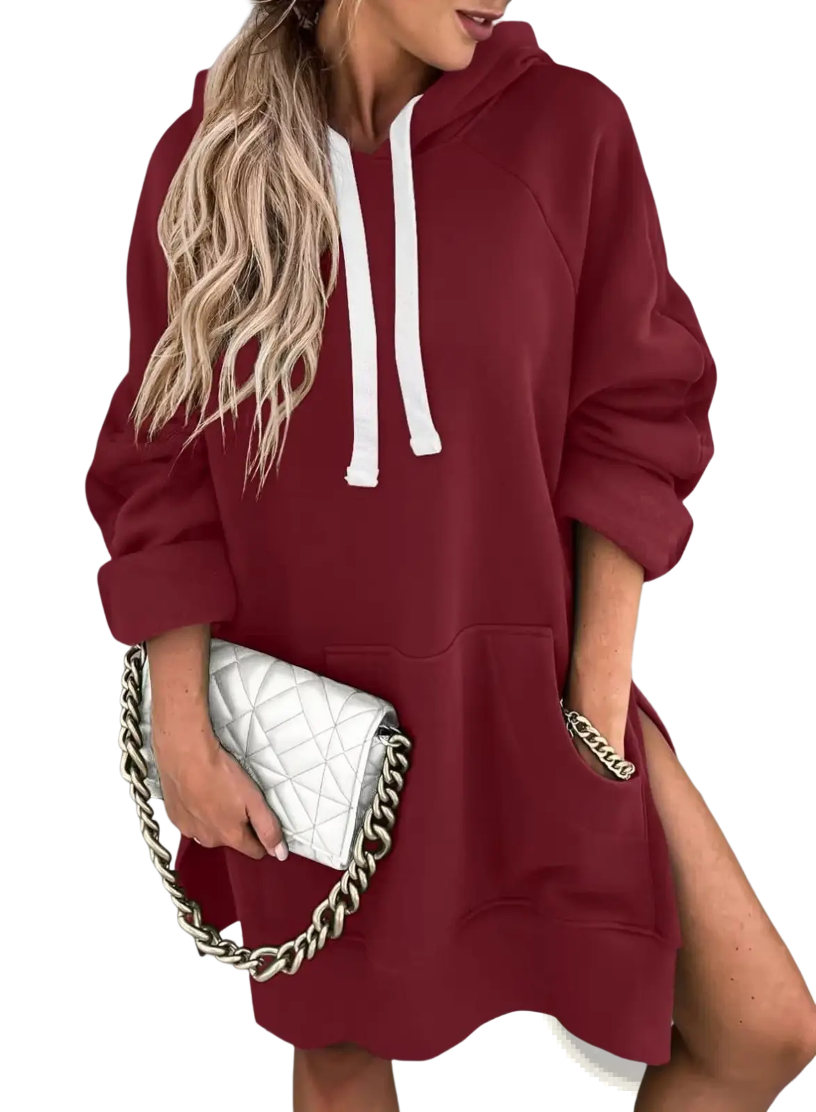 Maroon oversized mid length hooded sweatshirt dress with white drawstrings and side pockets in soft fabric