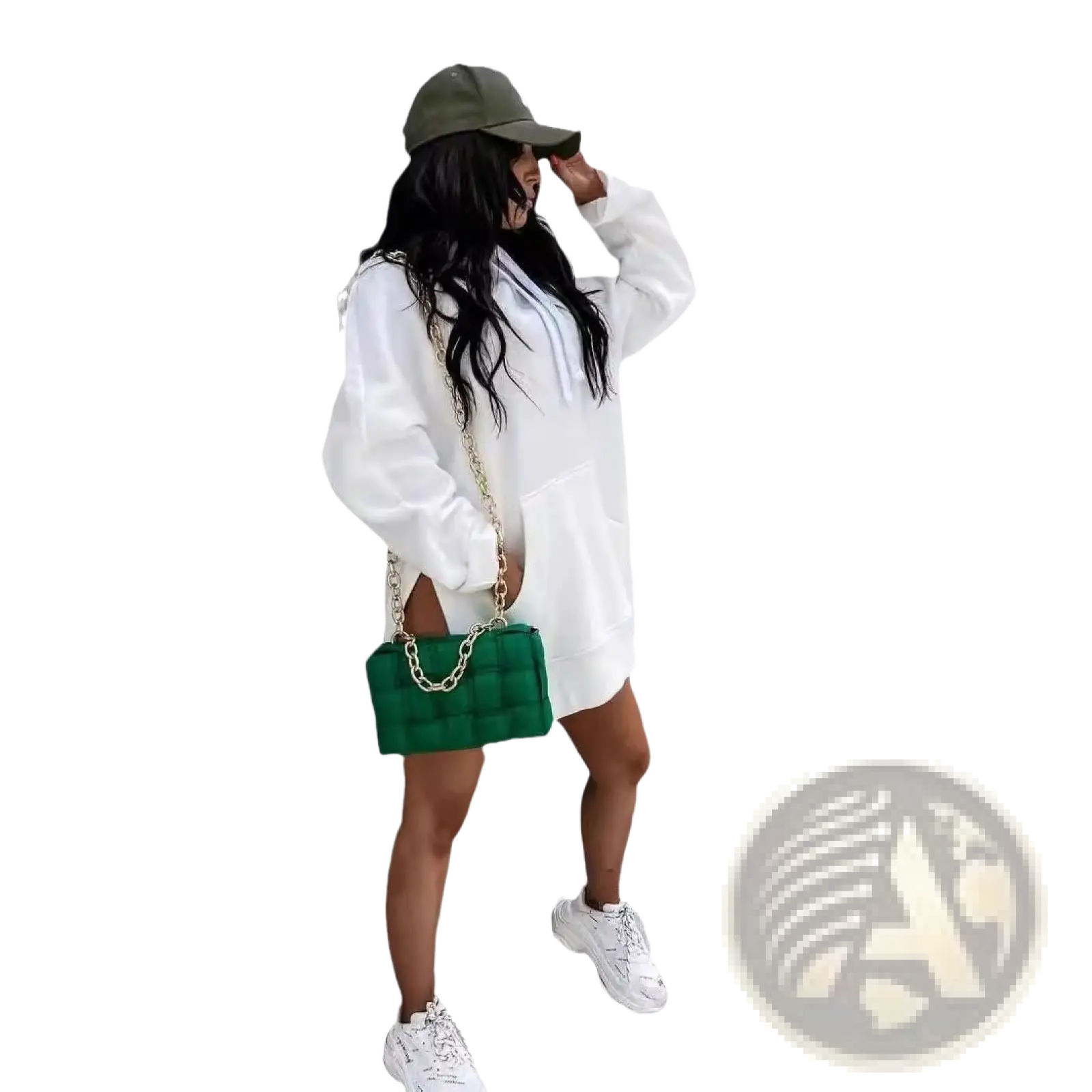 Green quilted leather chain strap handbag paired with oversized mid length hooded sweatshirt dress with pockets