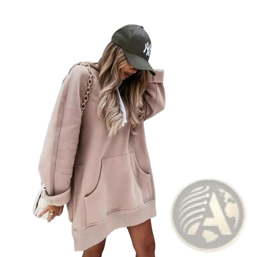 Soft beige oversized mid length hooded sweatshirt dress with front pocket white drawstrings and cozy material
