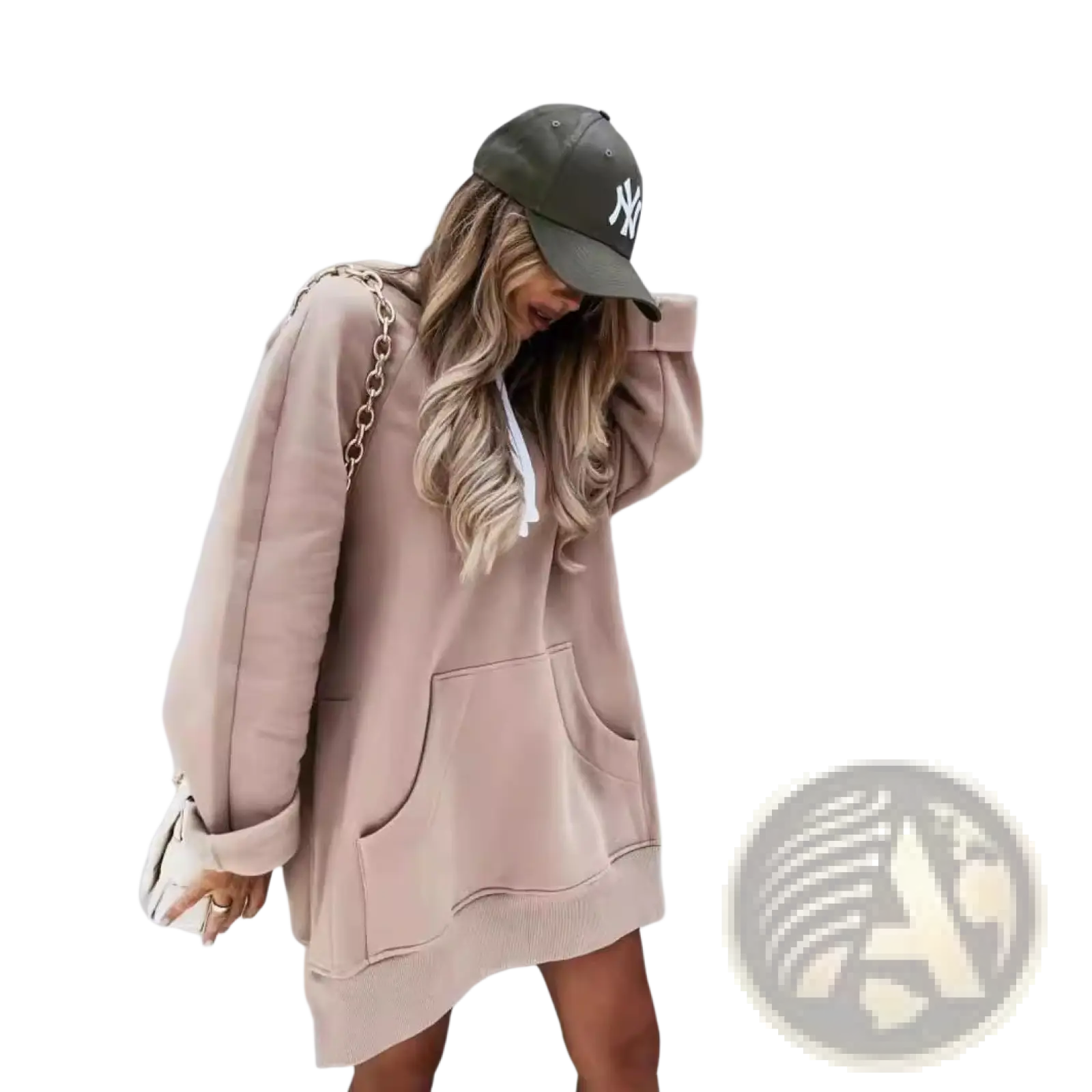 Soft beige oversized mid length hooded sweatshirt dress with front pocket white drawstrings and cozy material