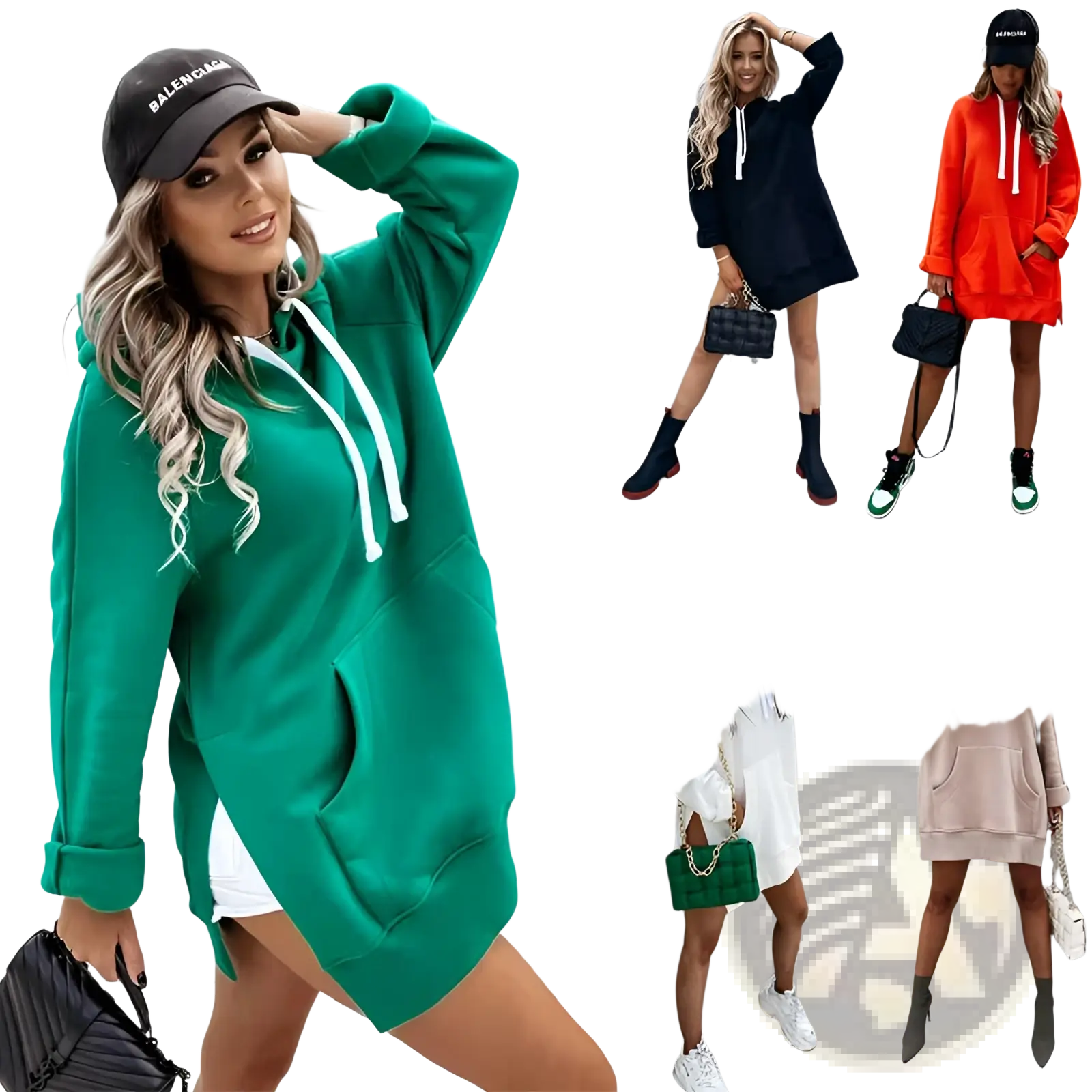Green oversized mid length hooded sweatshirt dress with white drawstrings, rolled-up sleeves, and pockets