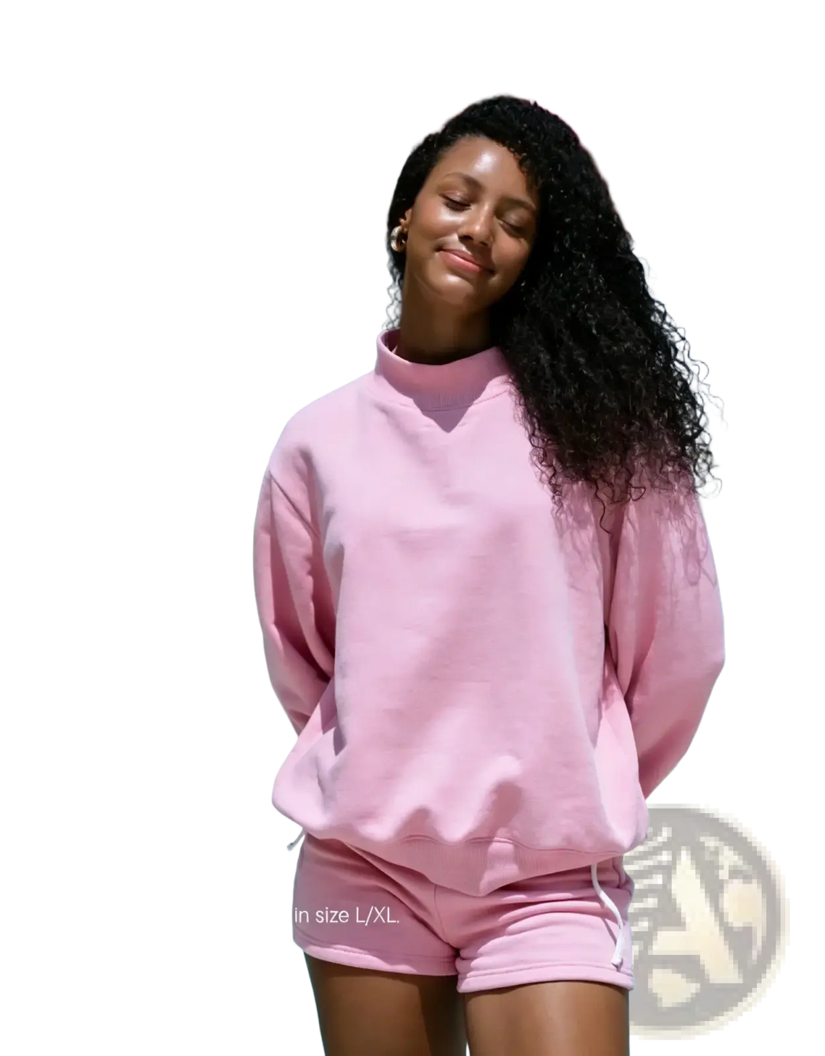 Oversized navy blue fleece pullover sweatshirt with pink conch brand logo high collar and loose fit