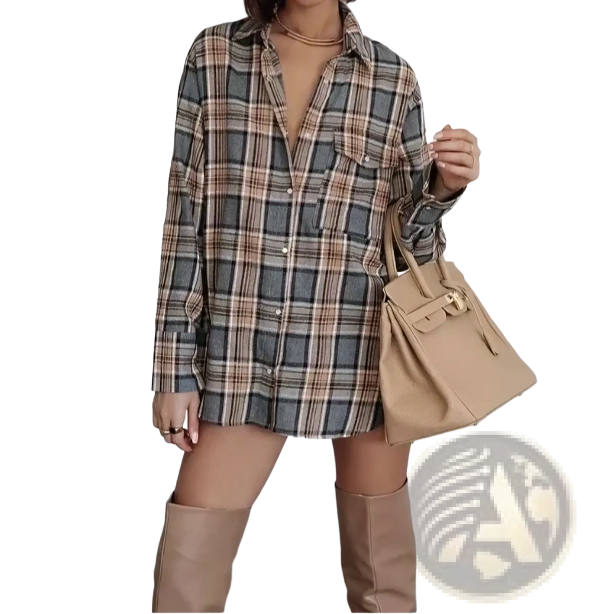 Beige leather handbag with gold-tone hardware and top handle styled with oversized plaid flannel shirt casual outerwear