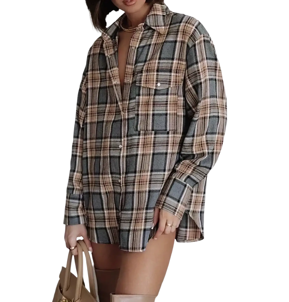 Oversized plaid flannel shirt in muted beige gray and black cotton designed as casual outerwear