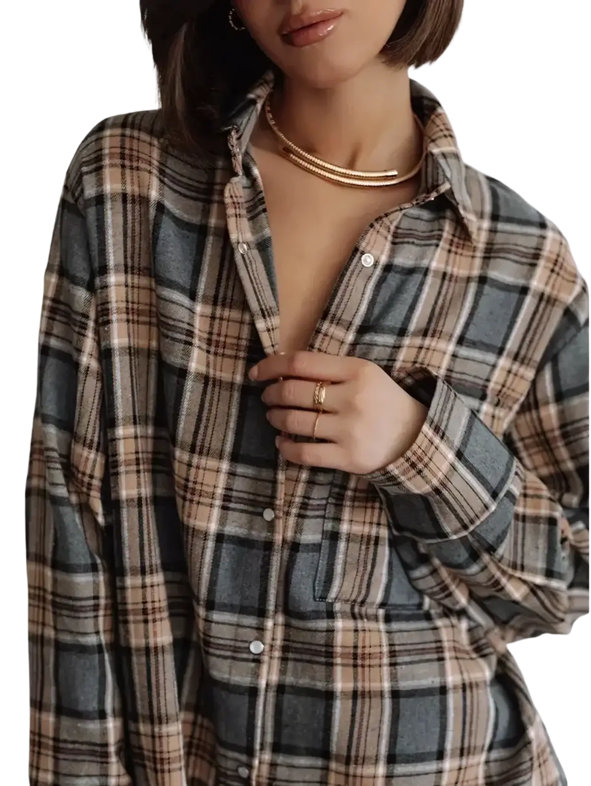 Cozy oversized plaid flannel shirt in muted gray beige and black perfect for casual outerwear