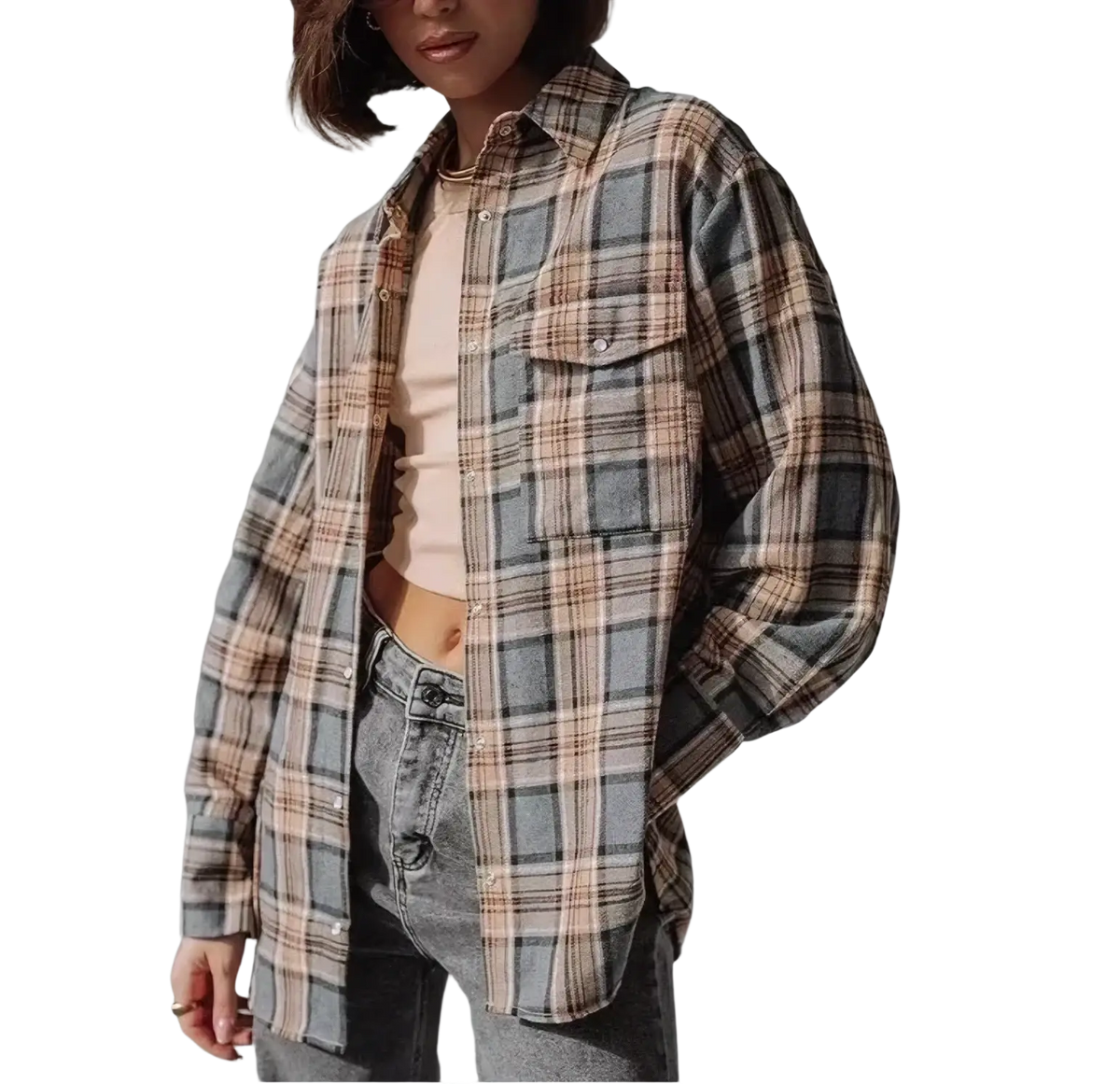A cozy oversized plaid flannel shirt in beige gray and muted pink tones for casual outerwear