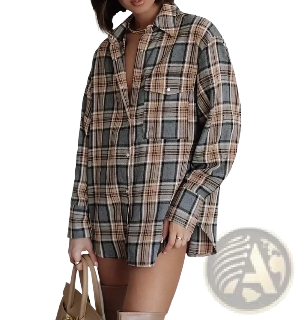 Oversized plaid flannel shirt in muted beige gray and black cotton designed as casual outerwear