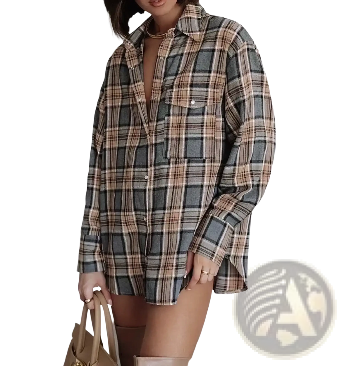 Oversized plaid flannel shirt in muted beige gray and black cotton designed as casual outerwear