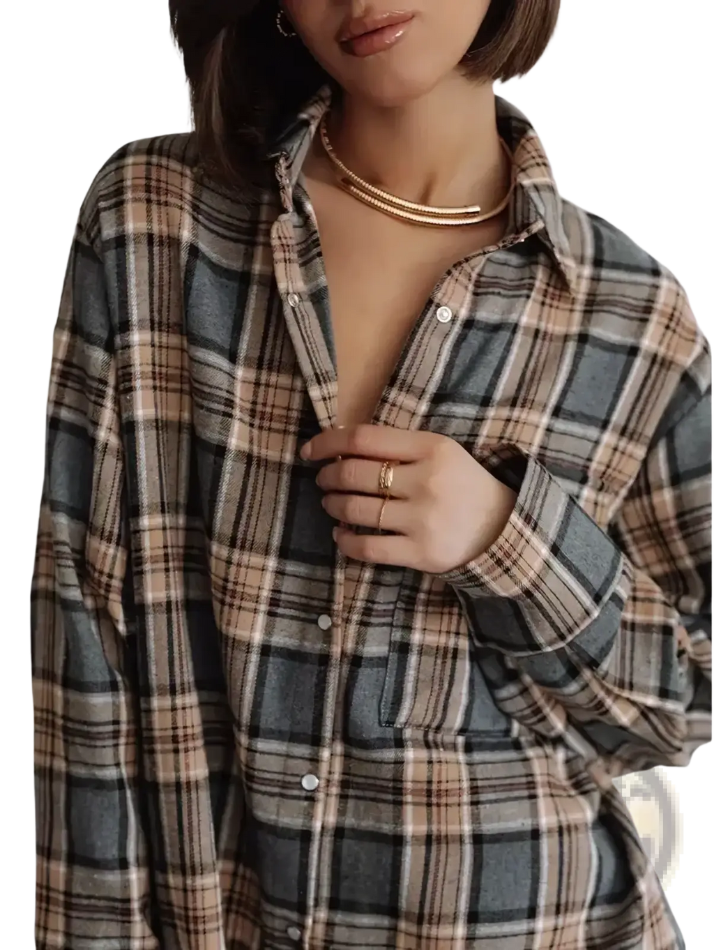 Cozy oversized plaid flannel shirt in muted gray beige and black perfect for casual outerwear