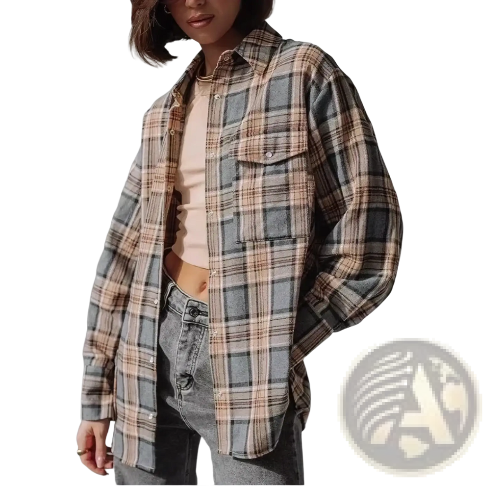 A cozy oversized plaid flannel shirt in beige gray and muted pink tones for casual outerwear