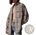 A cozy oversized plaid flannel shirt in beige gray and muted pink tones for casual outerwear