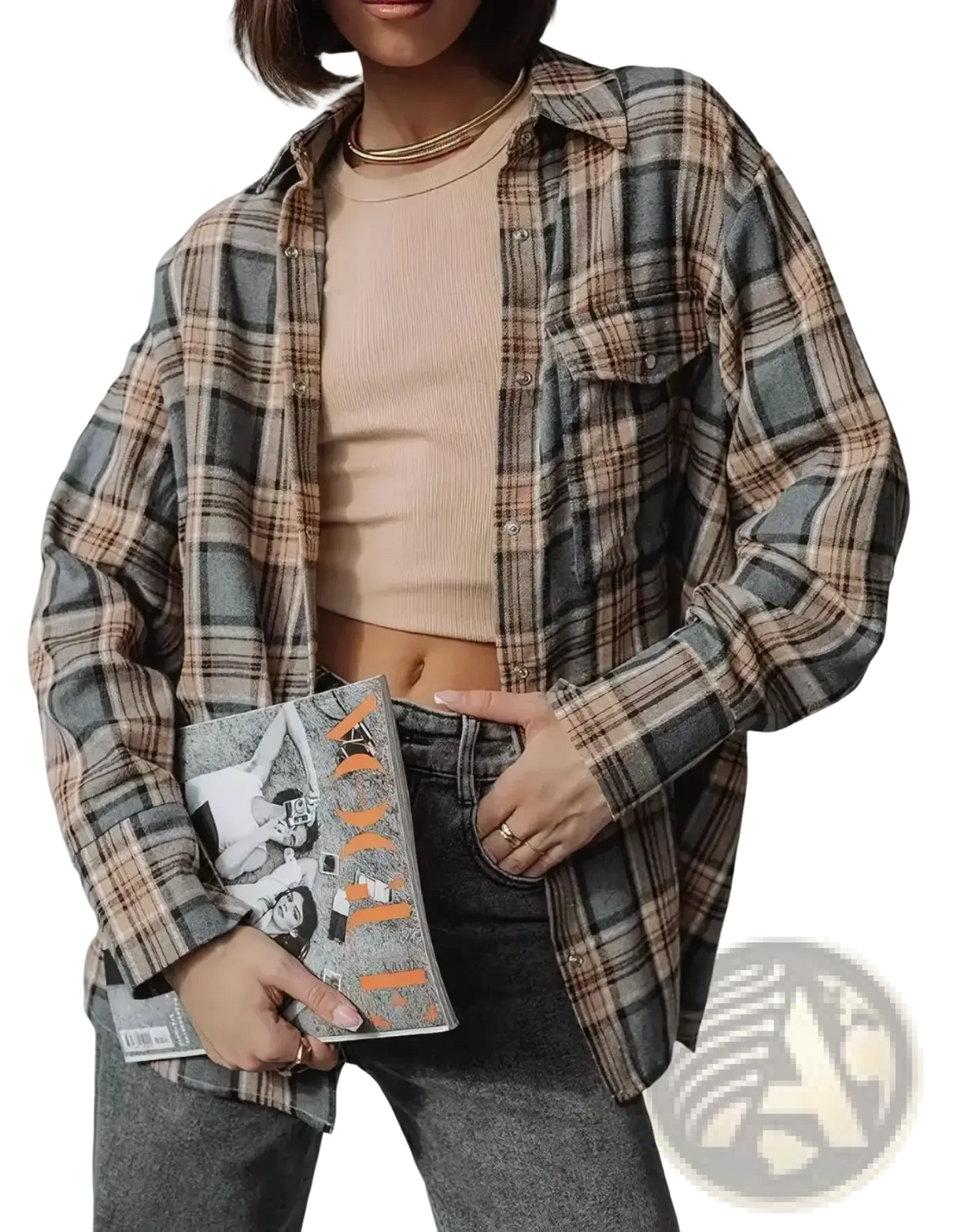 A woman wearing an oversized plaid flannel shirt in muted beige gray and brown for casual outerwear