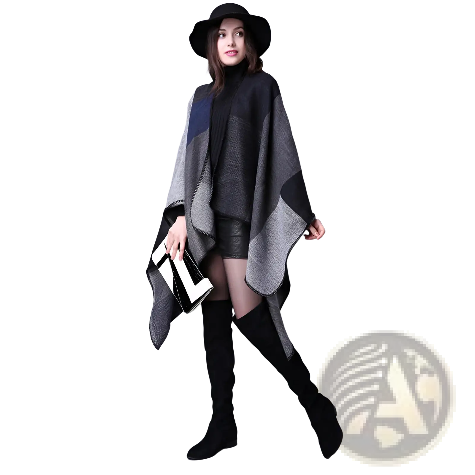 Oversized plaid woolen cape with black gray and navy blue geometric pattern and soft textured finish for travel use