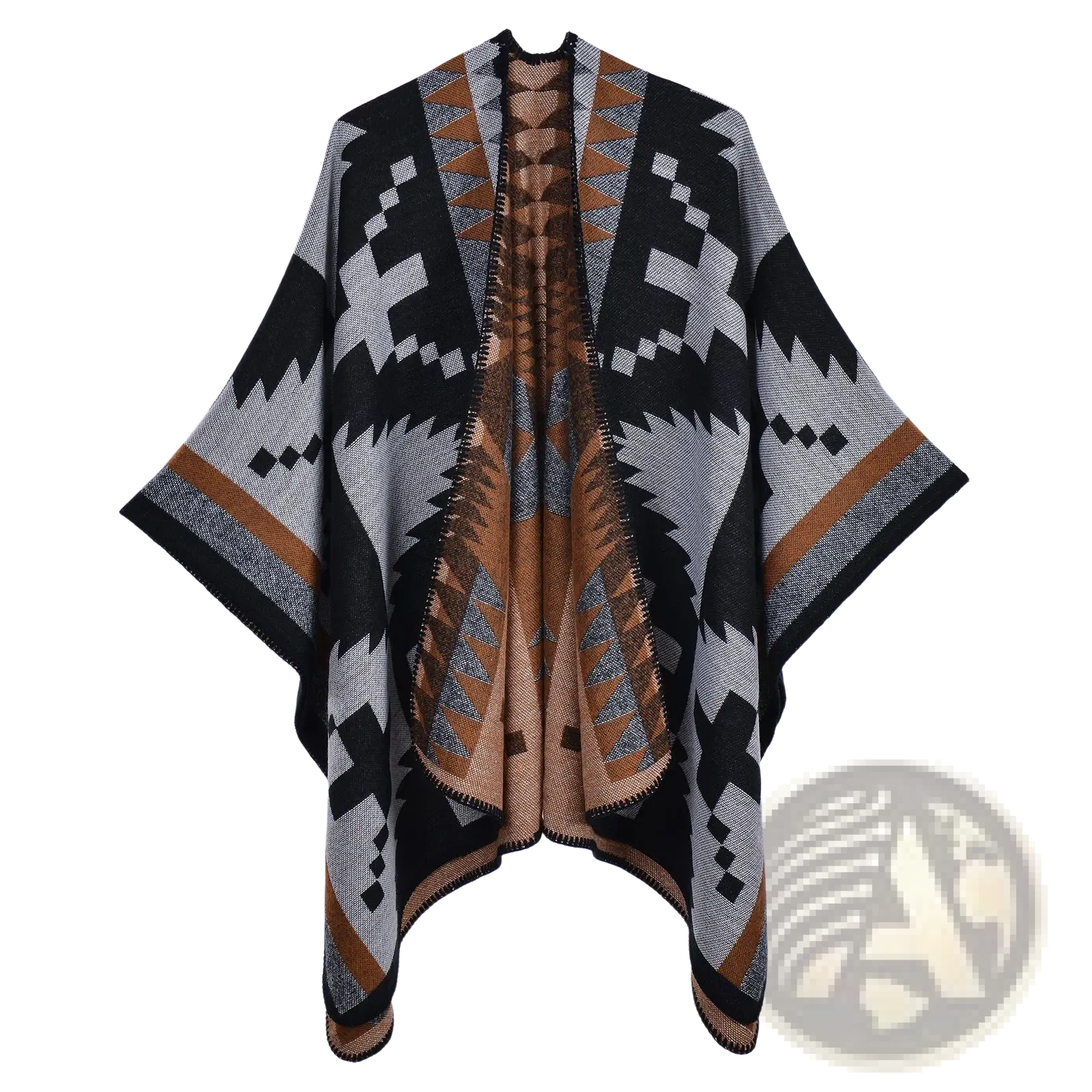 Oversized plaid woolen cape geometric travel shawl in black gray and tan with knit pattern and central zipper closure