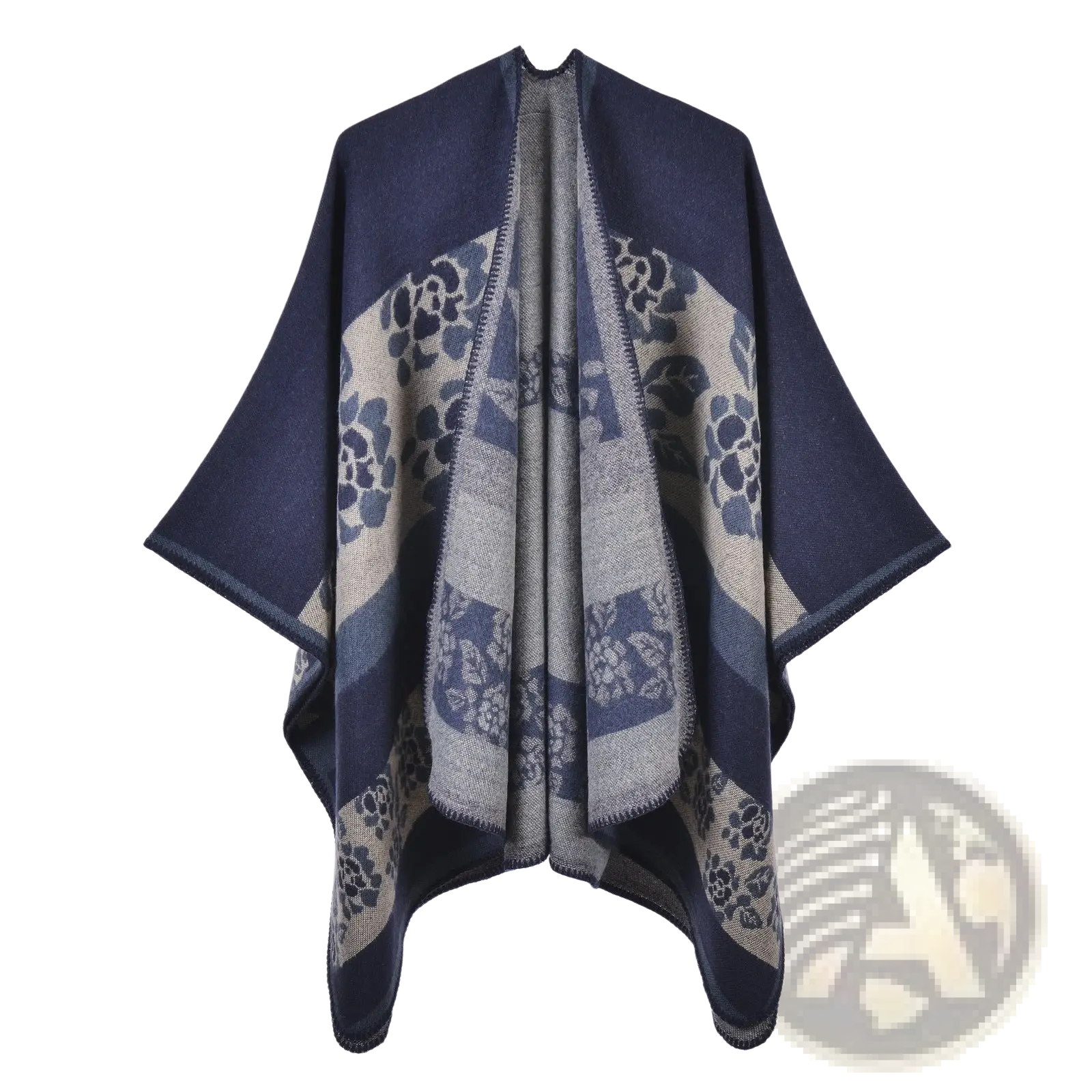 Oversized plaid woolen cape with navy blue and gray floral knit pattern featuring a soft textured weave