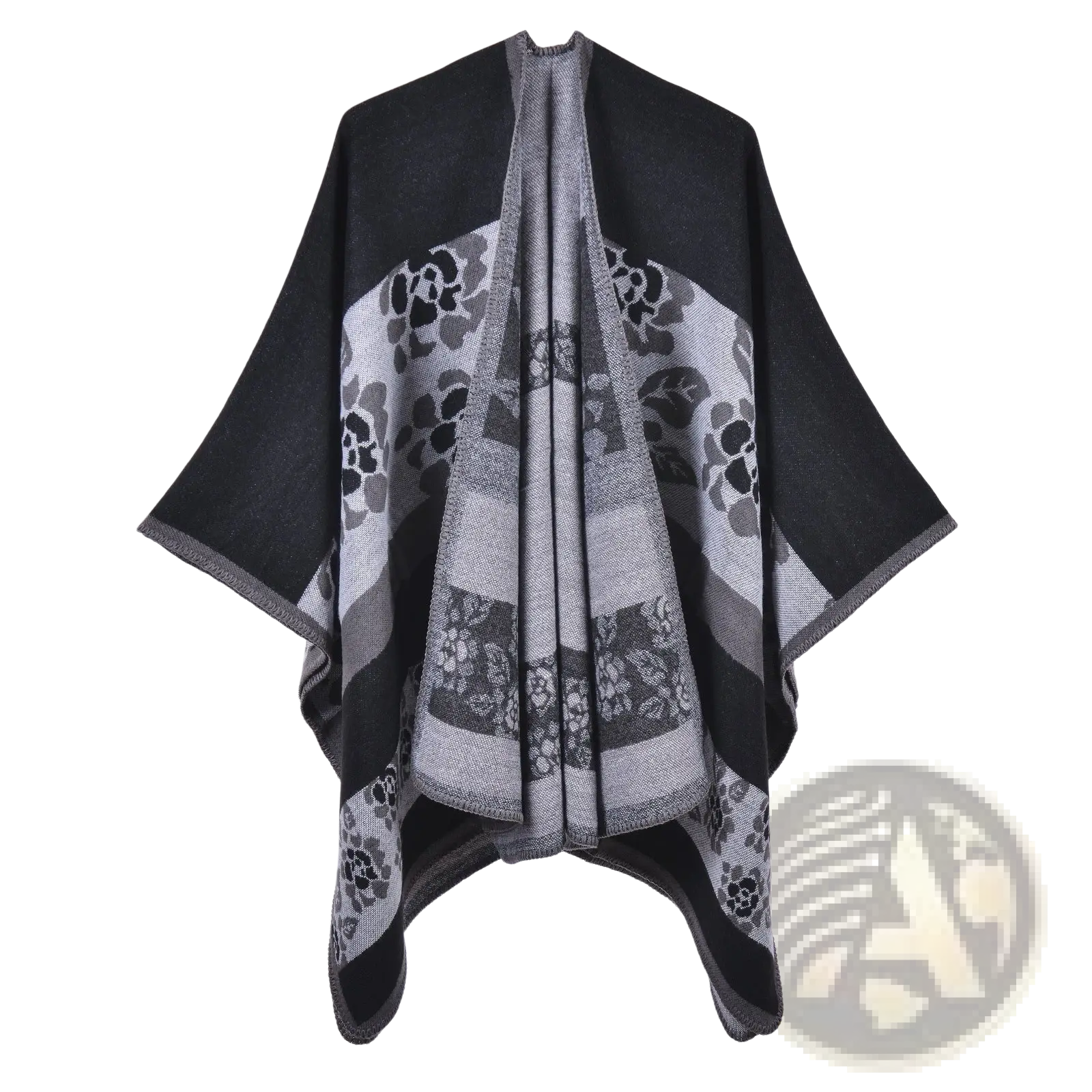 Oversized plaid woolen cape featuring a black and gray floral-patterned knit shawl with a soft textured weave