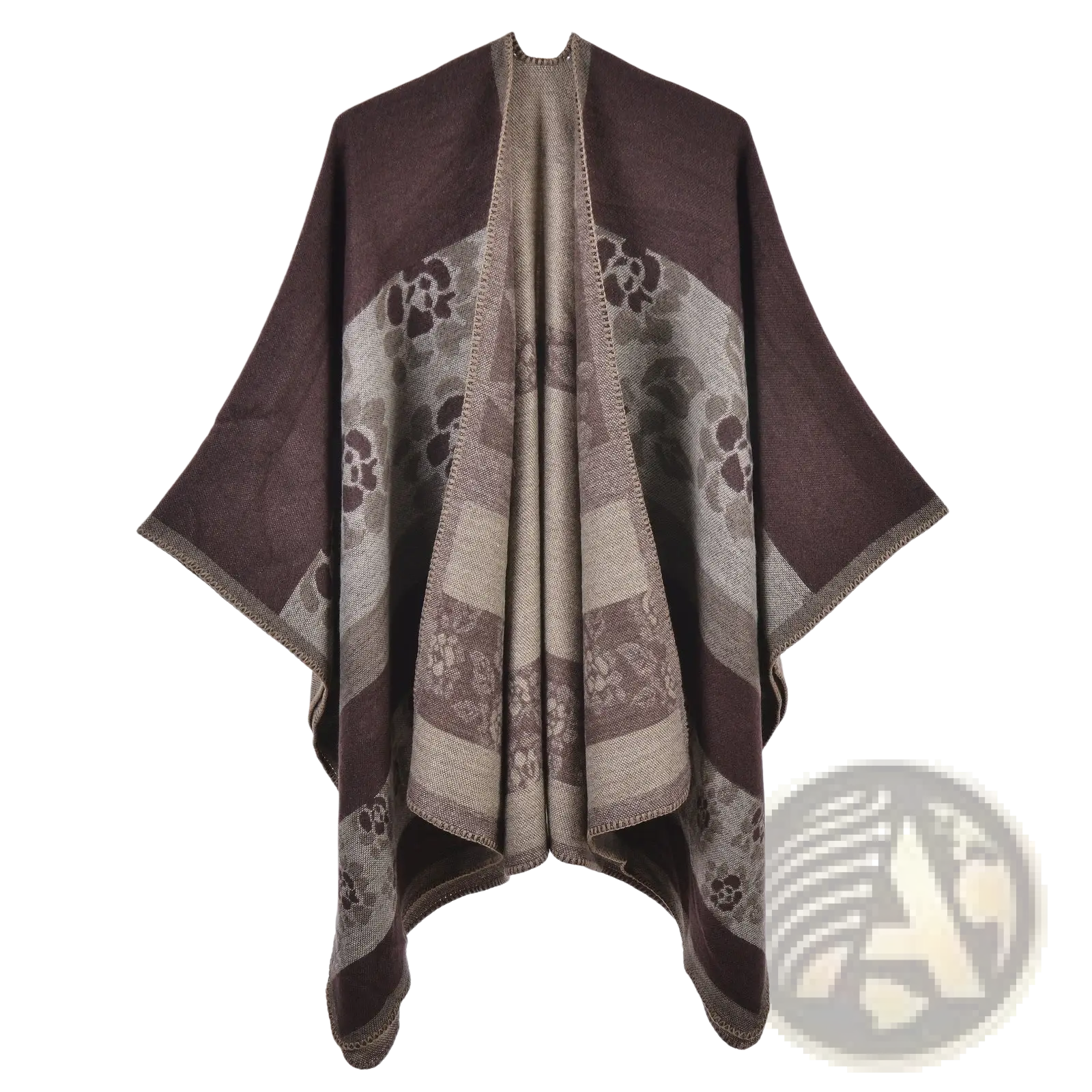 Brown and beige patterned knit woolen poncho with floral motifs oversized plaid geometric travel shawl