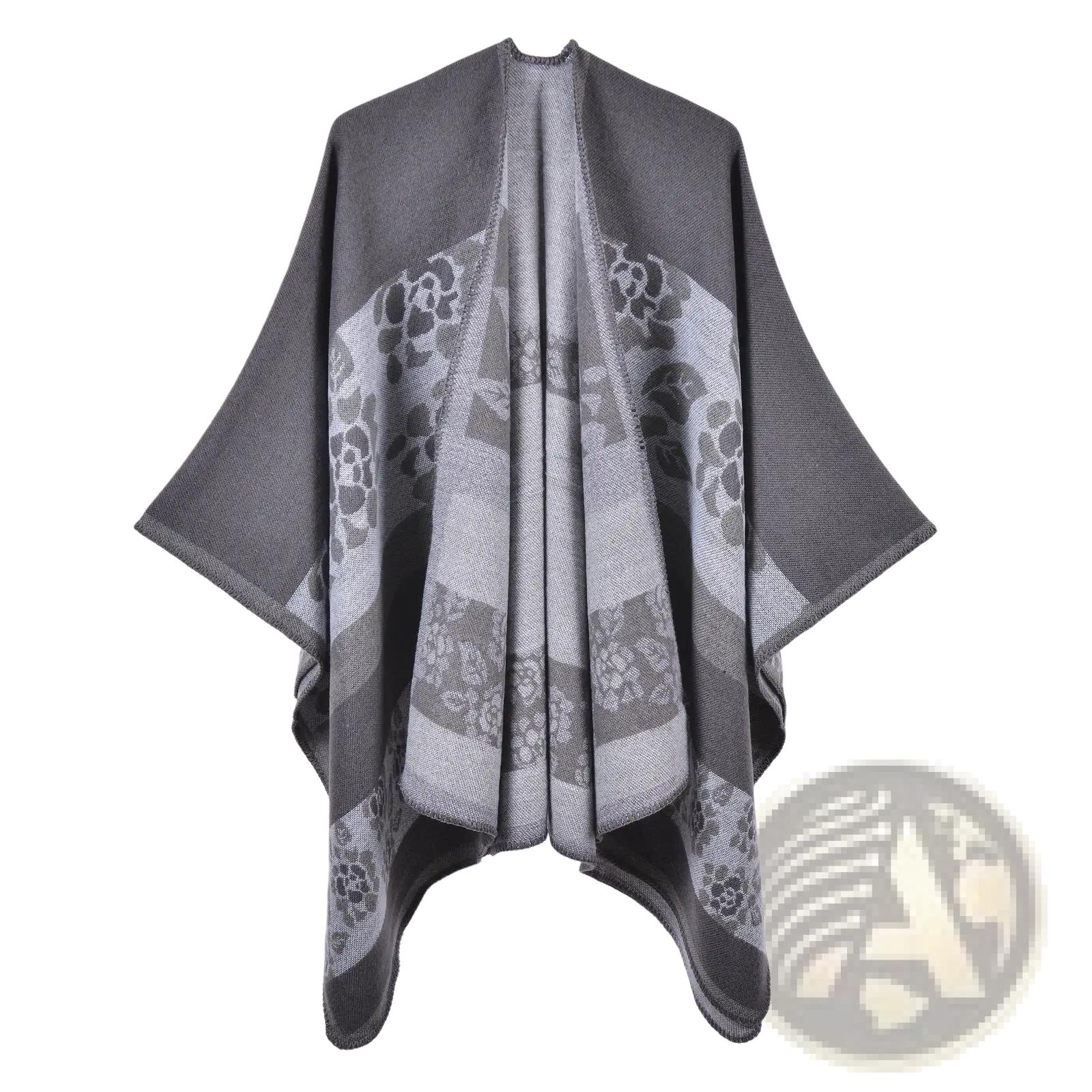 Gray knit poncho with floral pattern in shades of gray and white featuring soft textured weave oversized plaid woolen cape