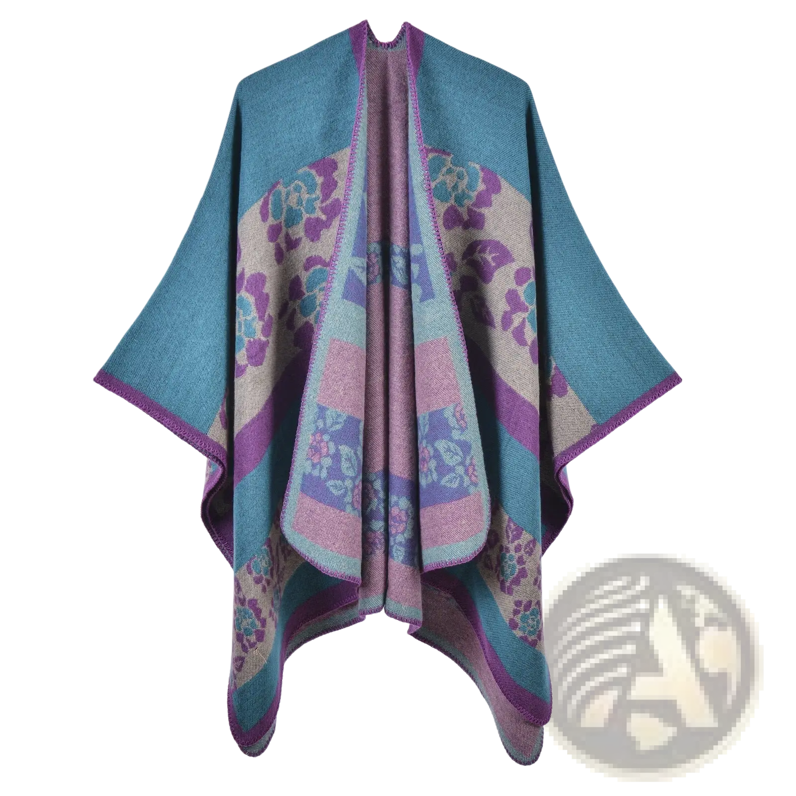 Oversized plaid woolen cape in teal and purple floral knit with textured weave ideal for travel and layering