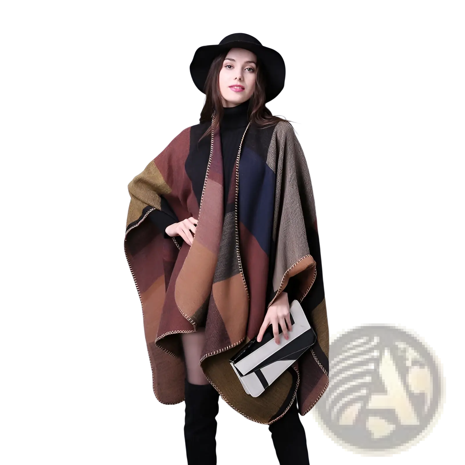 Oversized plaid woolen cape with cozy earth-toned geometric patchwork in brown rust and navy blue for travel use
