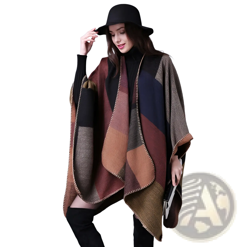 Oversized plaid woolen cape with geometric patchwork design in earthy brown black and beige tones for travel use