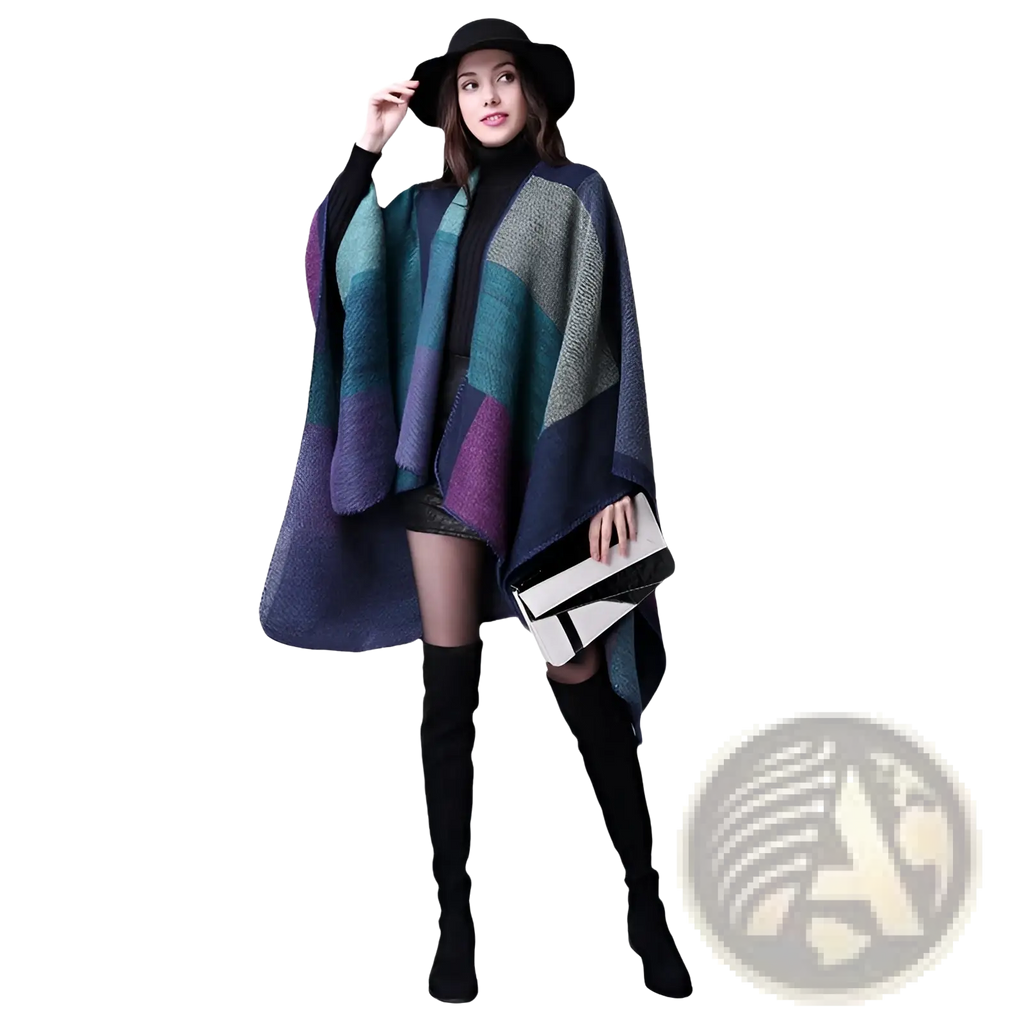 A stylish oversized woolen cape with a navy blue teal and purple geometric pattern for travel and layering