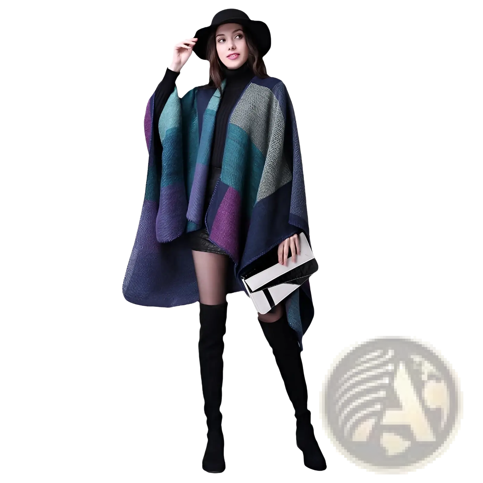 A stylish oversized woolen cape with a navy blue teal and purple geometric pattern for travel and layering