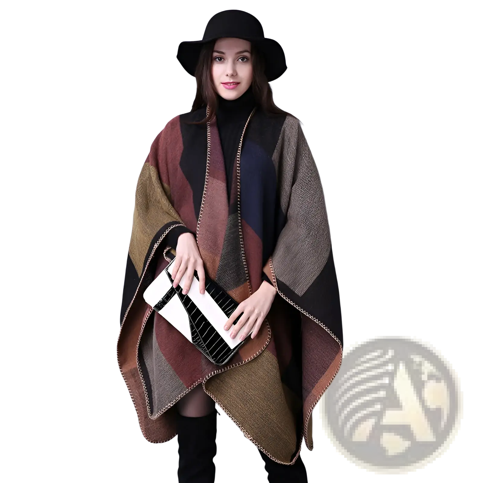 A stylish oversized plaid woolen cape with geometric patchwork in earthy brown black and beige perfect for travel