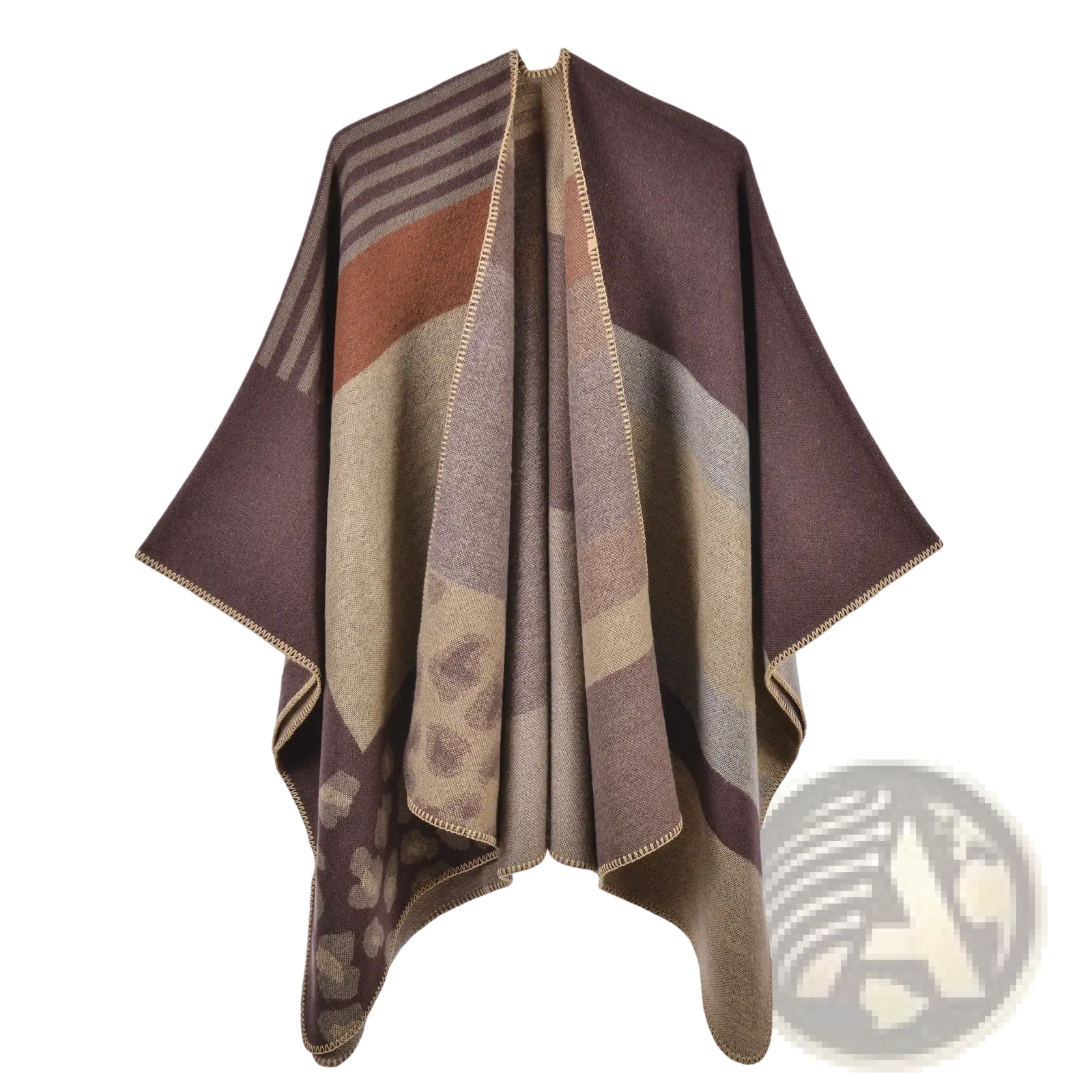 Oversized plaid woolen cape in earth-toned wool blend with geometric pattern and leopard print accents for travel use