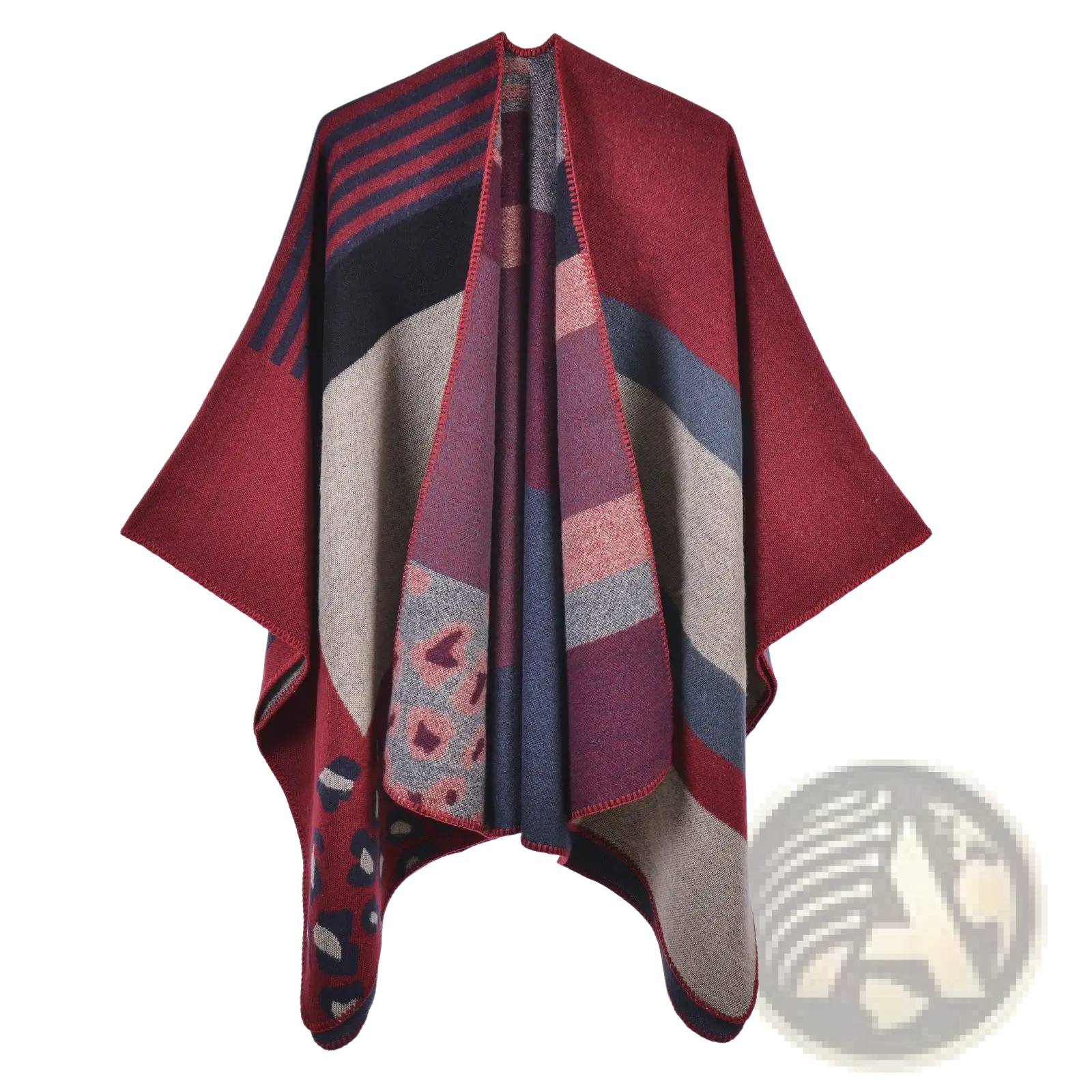 Oversized plaid woolen cape with cozy multicolored knit poncho design in deep red navy blue and beige with leopard print accent