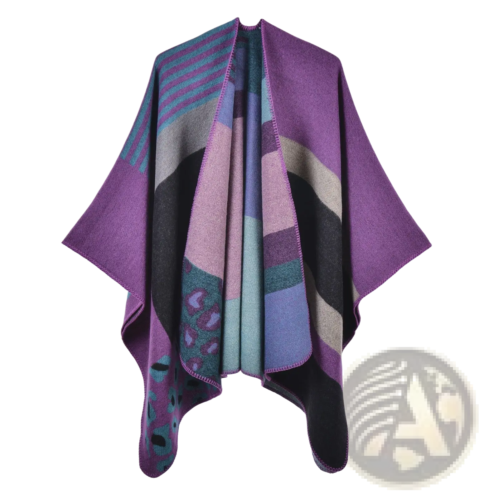 Oversized plaid woolen cape in vibrant purple teal black and pink knitted patchwork with subtle leopard print accents