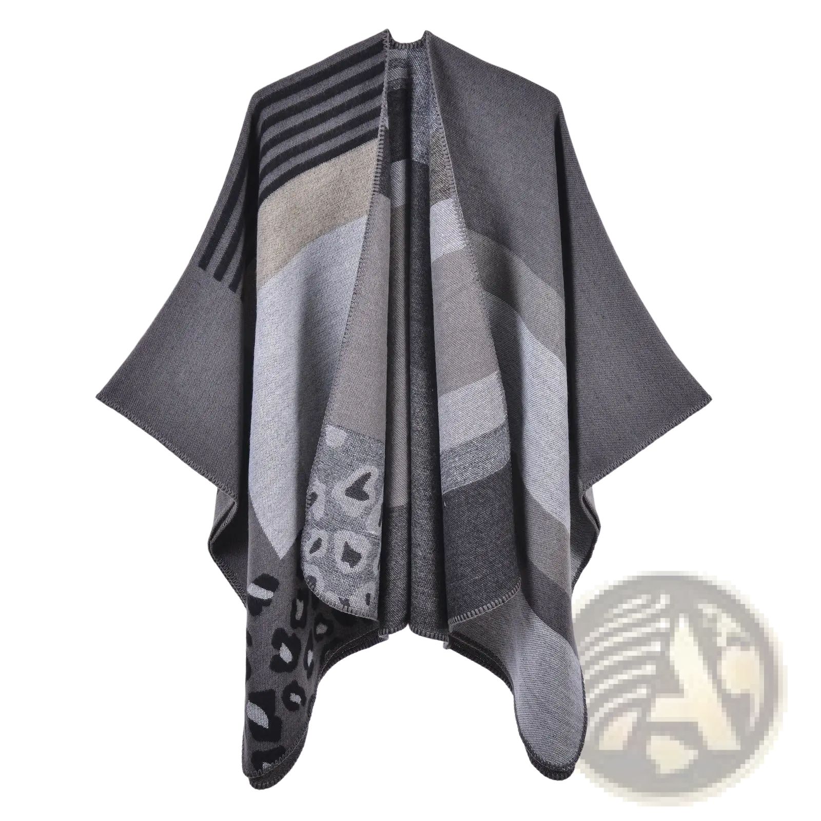A stylish gray knit oversized plaid woolen cape featuring a geometric pattern with bold stripes and leopard print accents