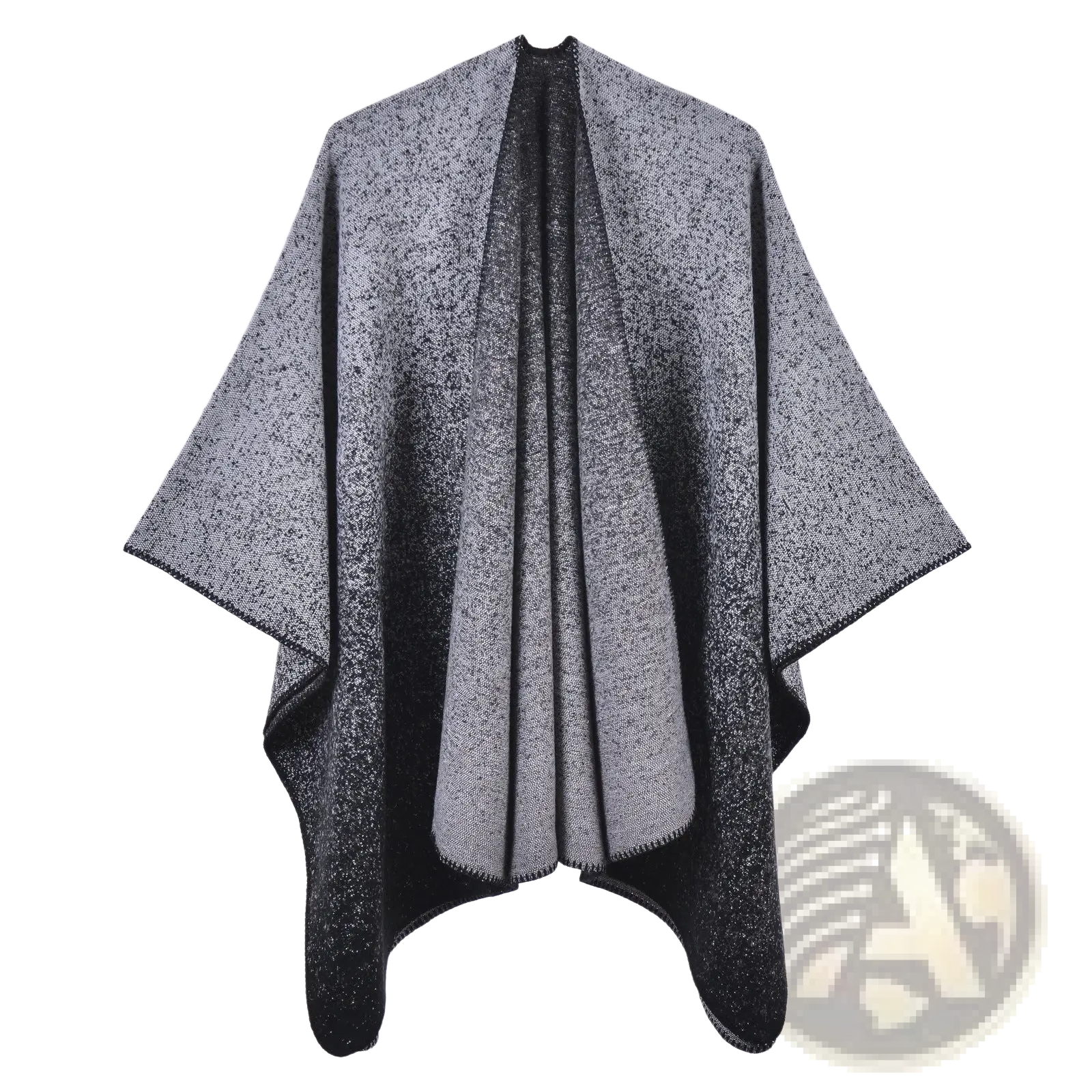 A stylish gray and black gradient woolen shawl with speckled texture and ribbed edge in an oversized plaid design