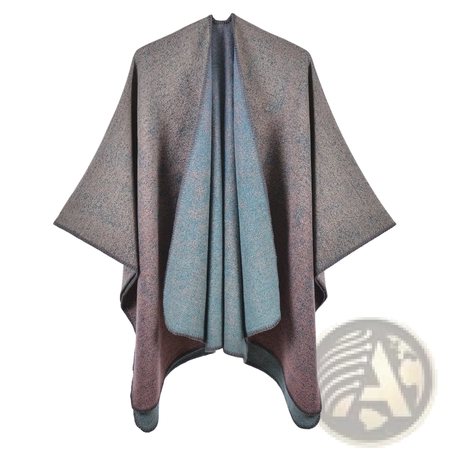 Oversized plaid woolen cape featuring a soft textured wool blend poncho with muted gray to teal gradient and speckled detailing