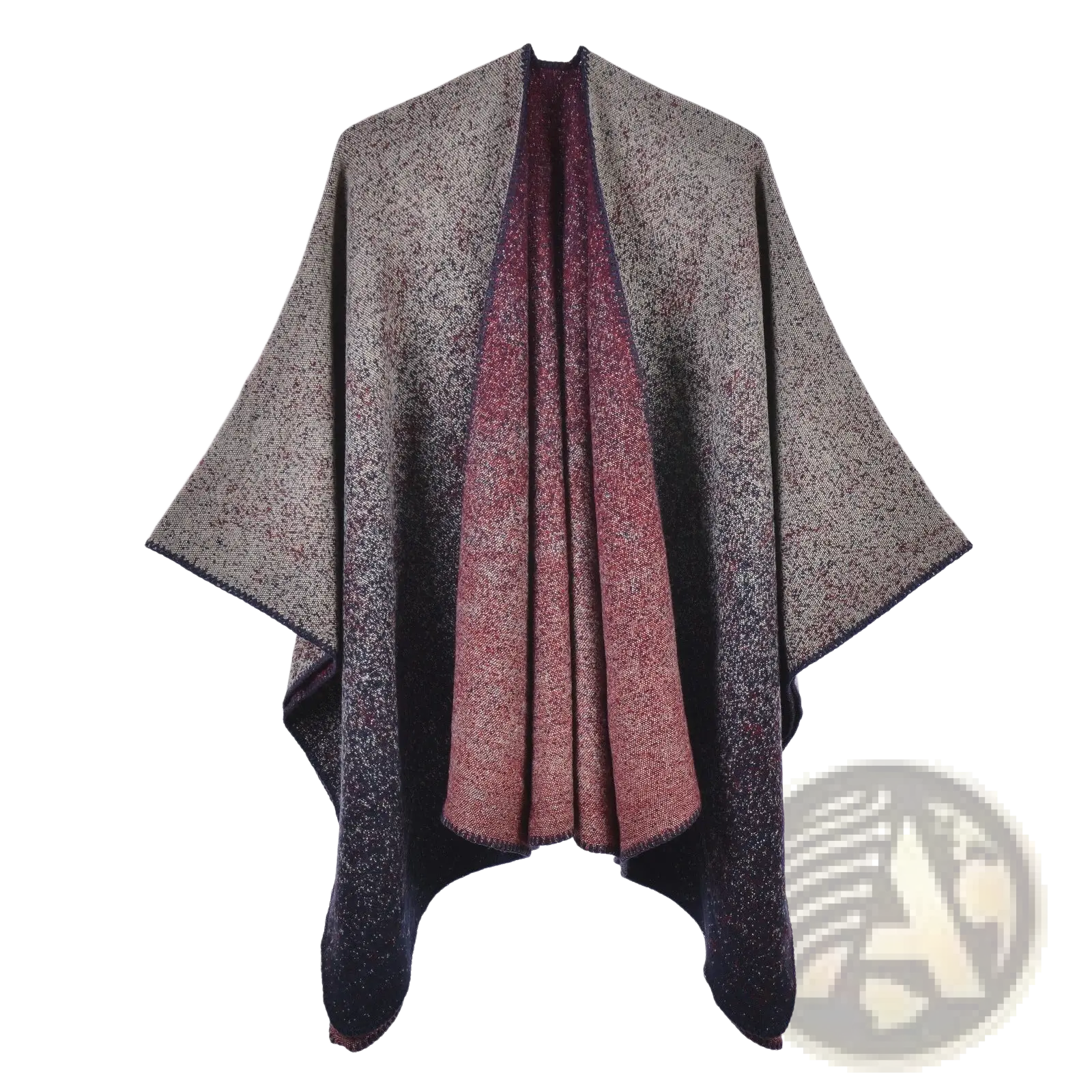 Oversized plaid woolen cape featuring a cozy gradient knit shawl transitioning from gray to burgundy and black